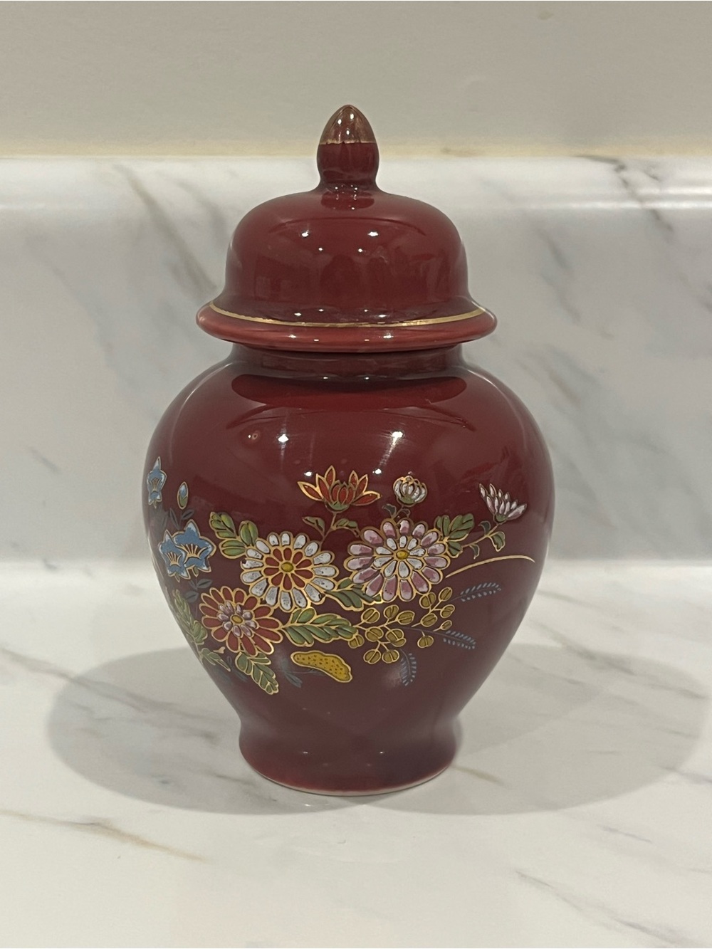 Decorative Burgundy/Maroon  Floral Ginger Jar with Gold Trim